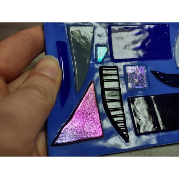 SIGNED Lorraine Art Fused Glass Shimmer Abstract Mosaic Cobalt Wave Trinket Dish - Picture 14 of 14